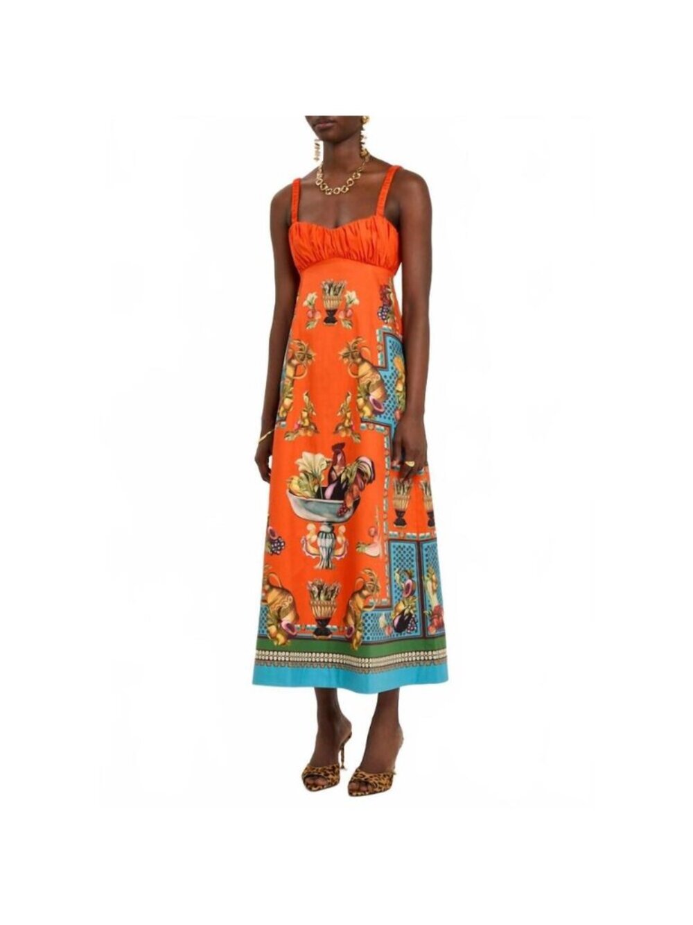 NEW ALEMAIS rocco sleeveless midi sundress in multi/tomato